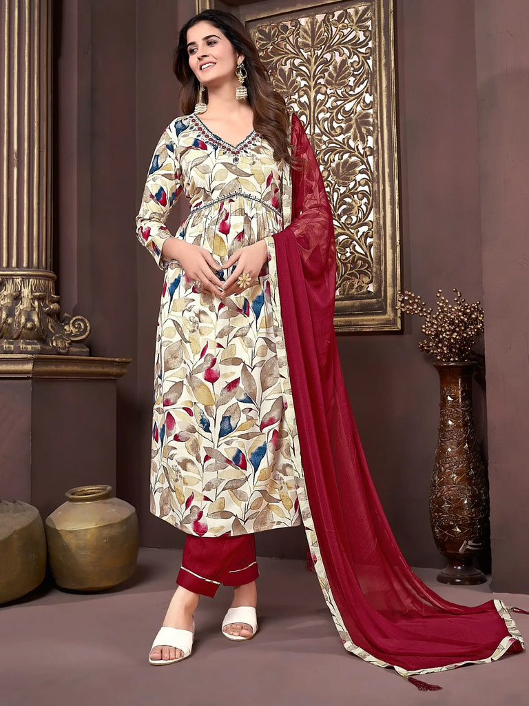 Pretty Off-White & Red Floral Printed Rayon Traditional Salwar Kameez
