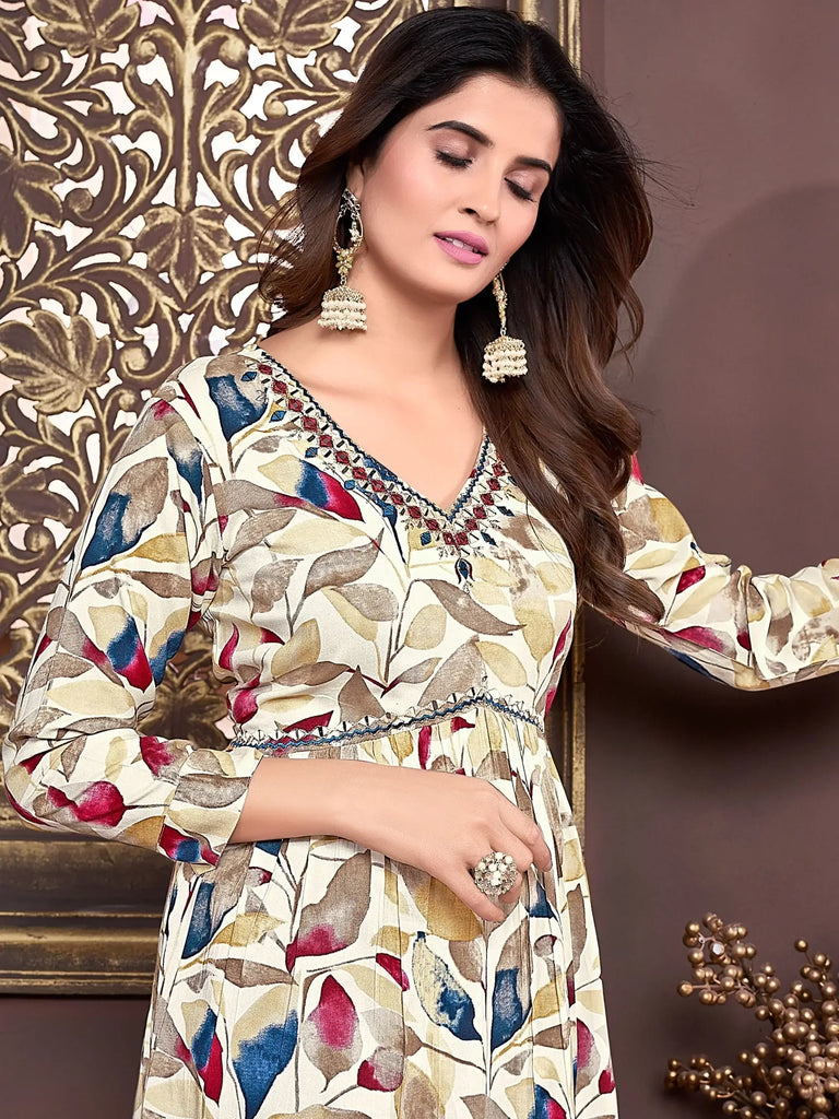 Pretty Off-White & Red Floral Printed Rayon Traditional Salwar Kameez