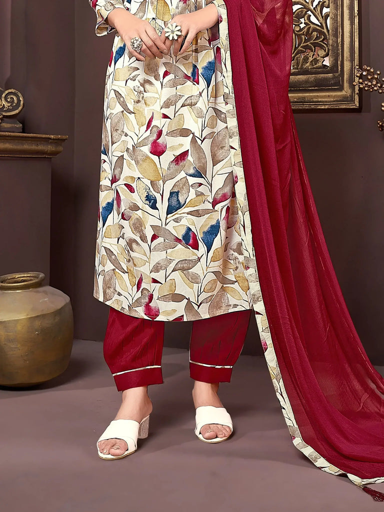 Pretty Off-White & Red Floral Printed Rayon Traditional Salwar Kameez
