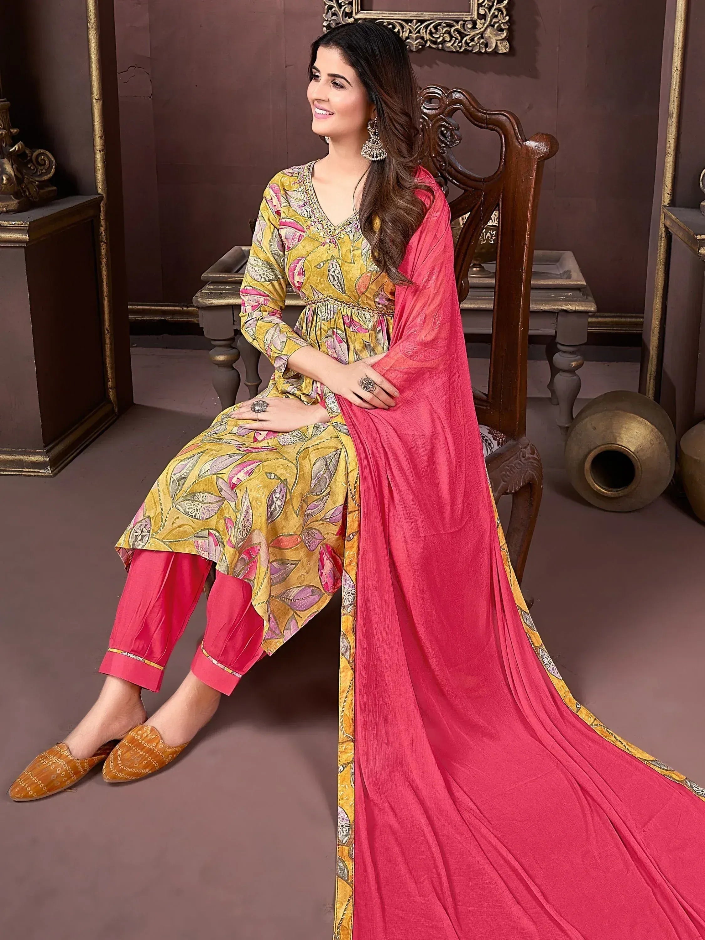 Yellow floral printed kurta with pink palazzo and dupatta, ethnic Indian wear for women
