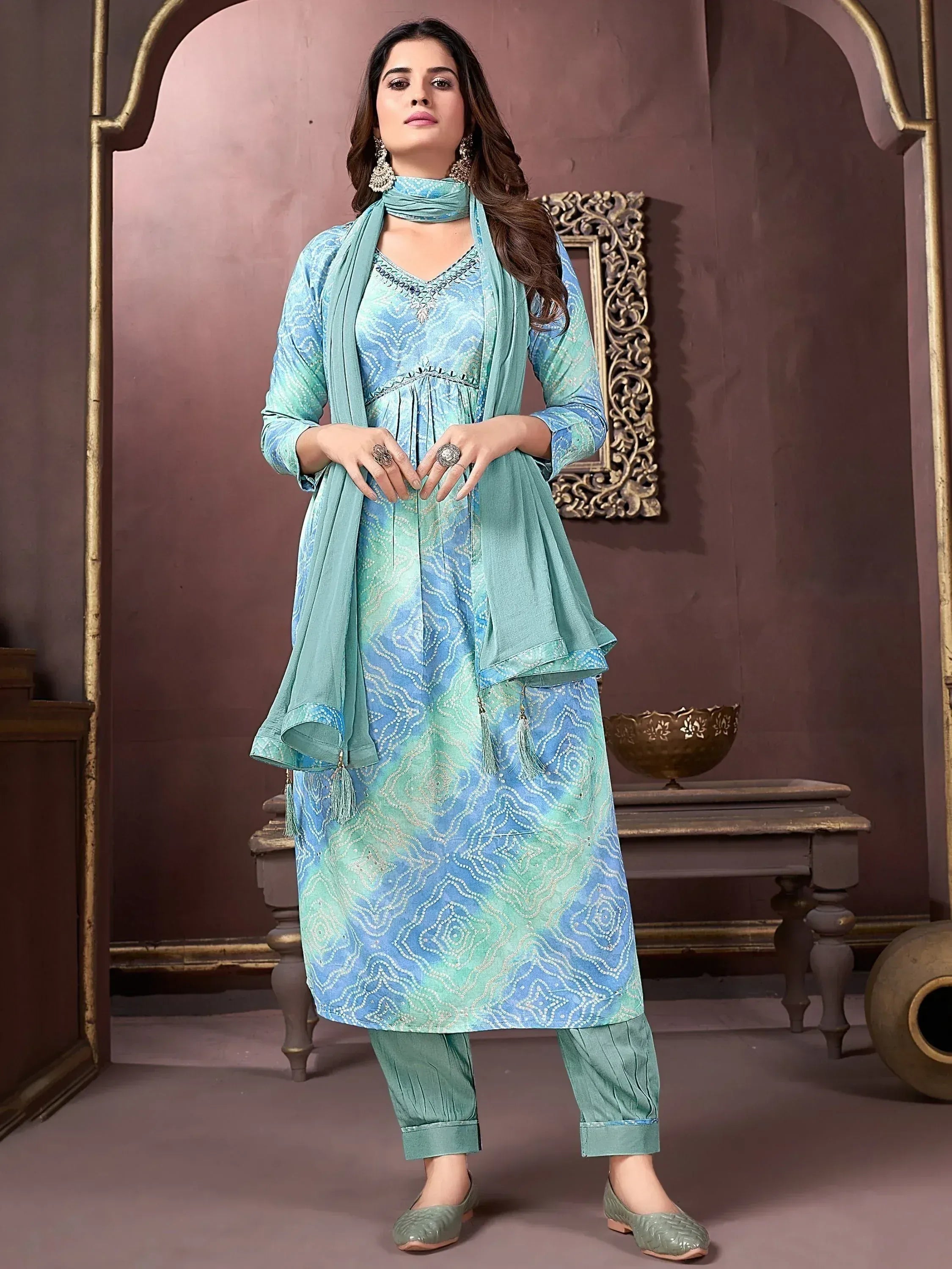 Blue and green printed ethnic salwar kameez with dupatta, perfect for Indian festive wear