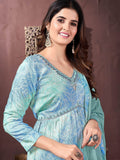 Marvelous Sky-Blue Digital Printed Rayon Salwar Kameez With Dupatta