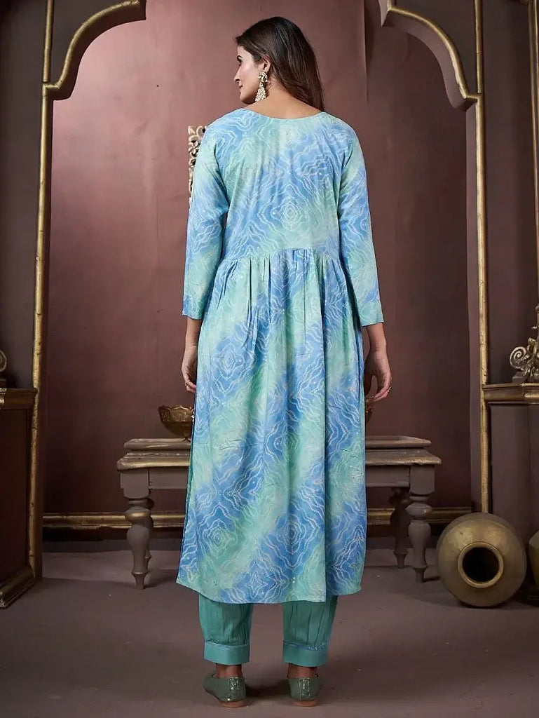Marvelous Sky-Blue Digital Printed Rayon Salwar Kameez With Dupatta