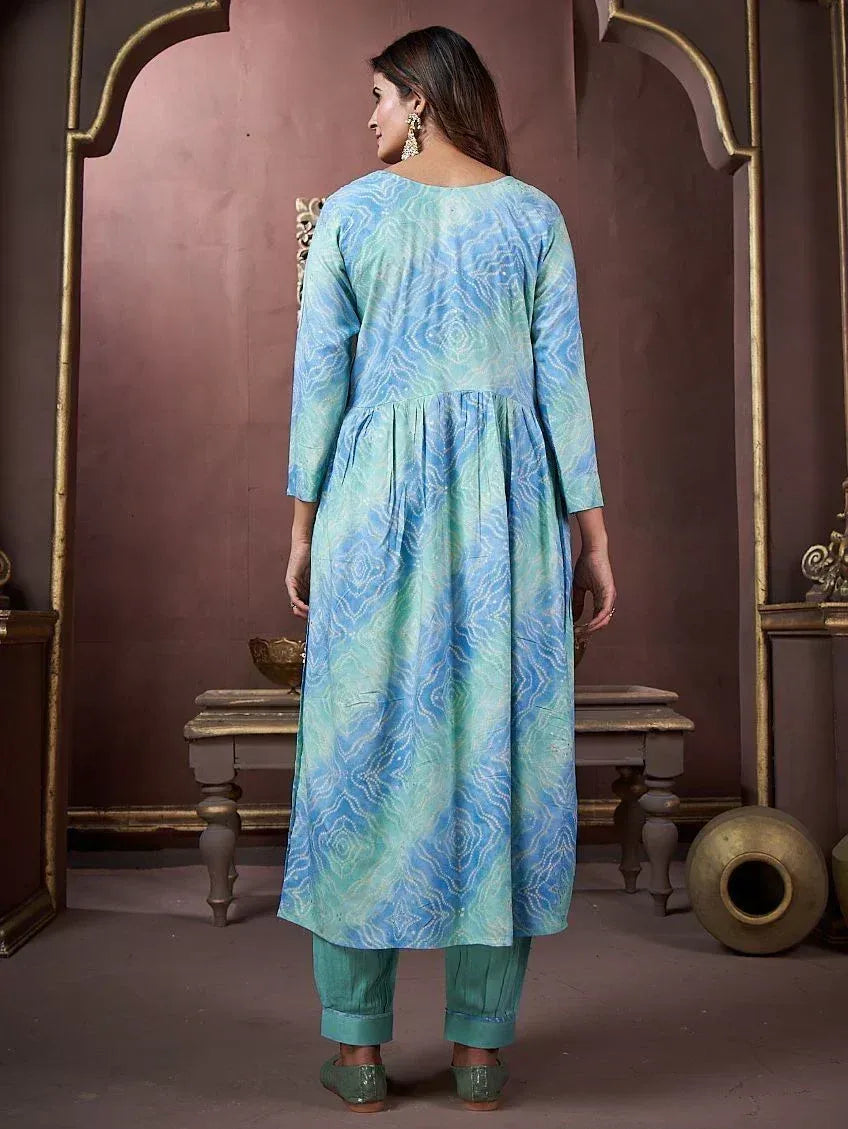 Blue and green printed kurta with matching pants, ethnic Indian wear for women