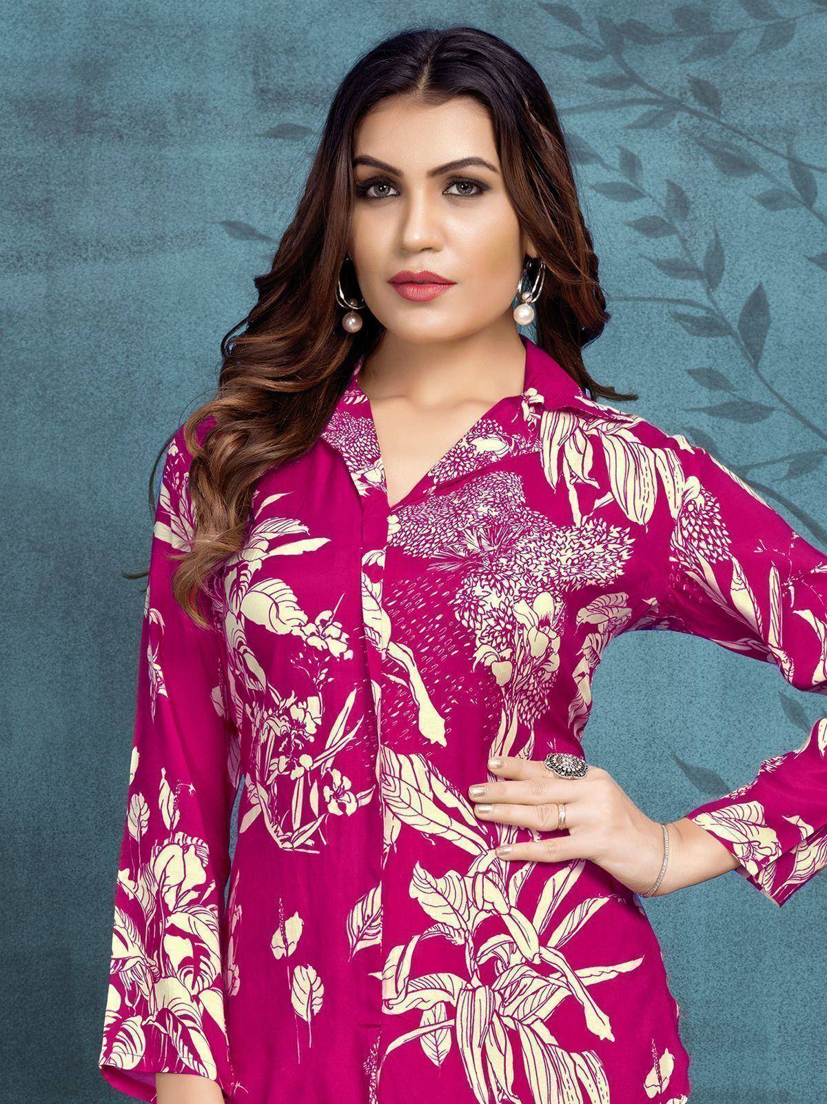 Pink floral print ethnic kurti with bell sleeves, perfect for Indian wear