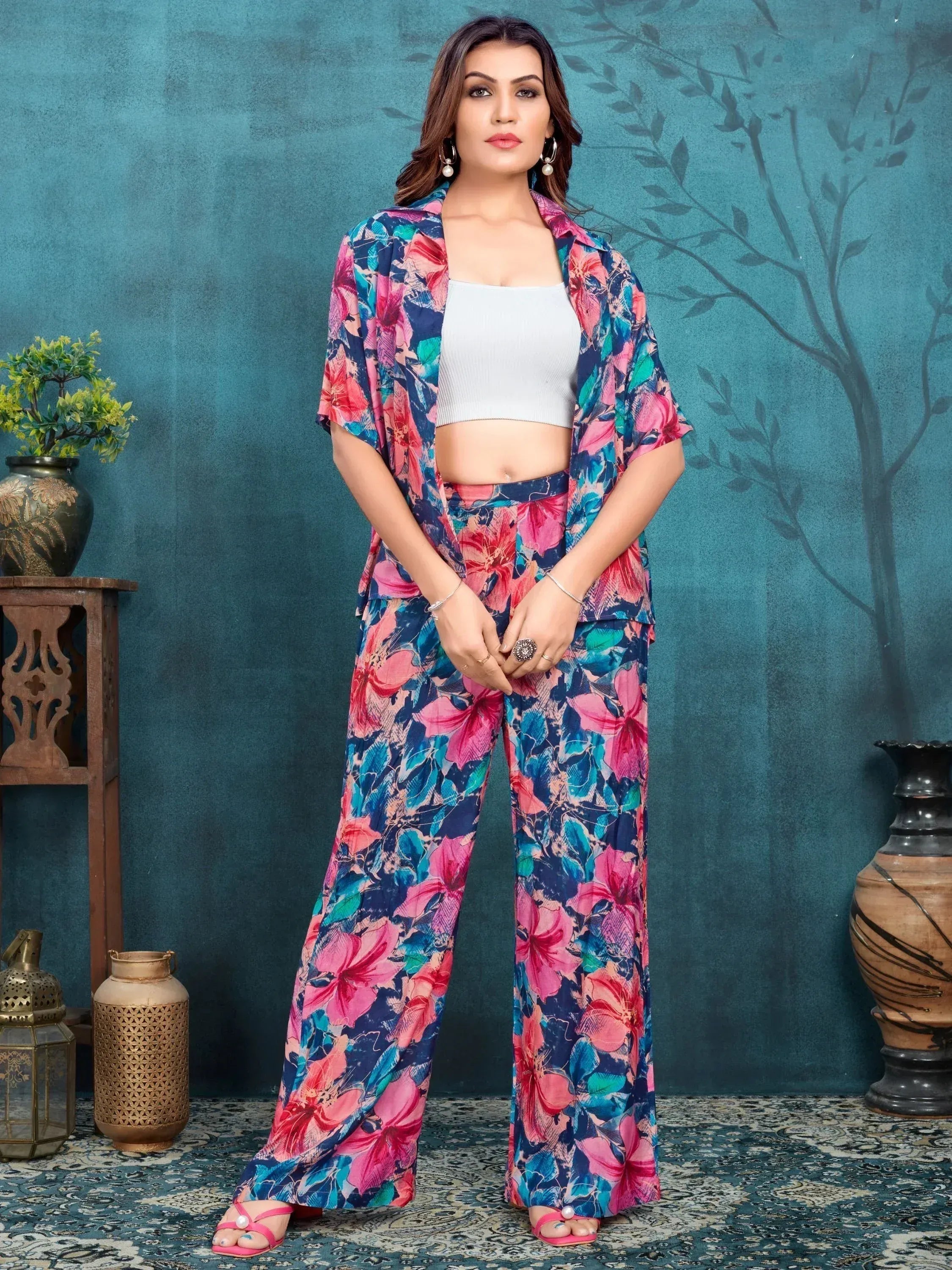Floral print ethnic palazzo set with crop top, perfect for casual Indian wear