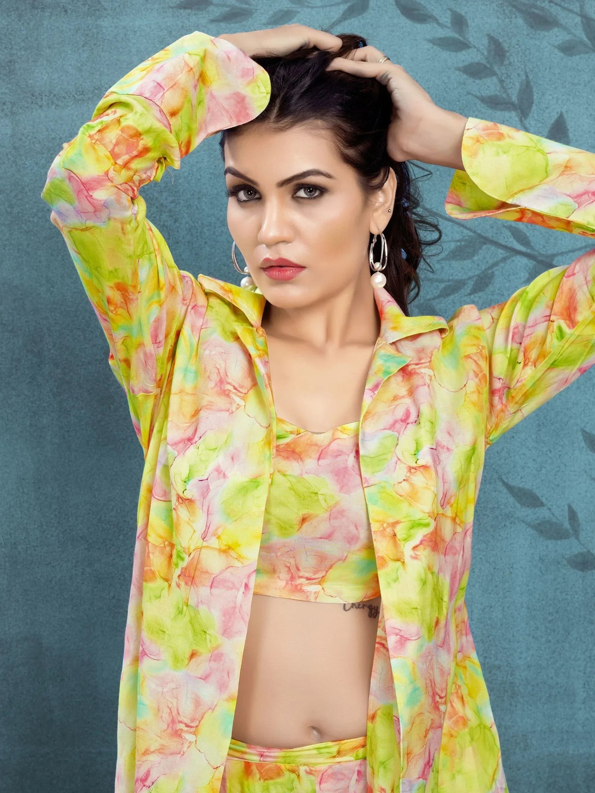 Woman wearing floral multicolor ethnic co-ord set with crop top and jacket