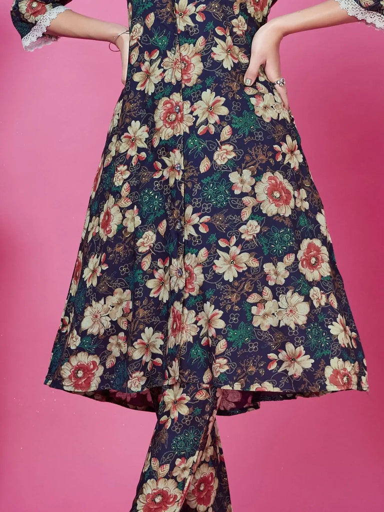 Fascinating Navy Blue Floral Printed Rayon Pants Suit Co-Ord Set