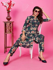 Fascinating Navy Blue Floral Printed Rayon Pants Suit Co-Ord Set