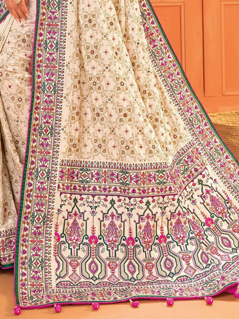 Beautiful Cream Mirror Work Silk Wedding Wear Saree With Blouse