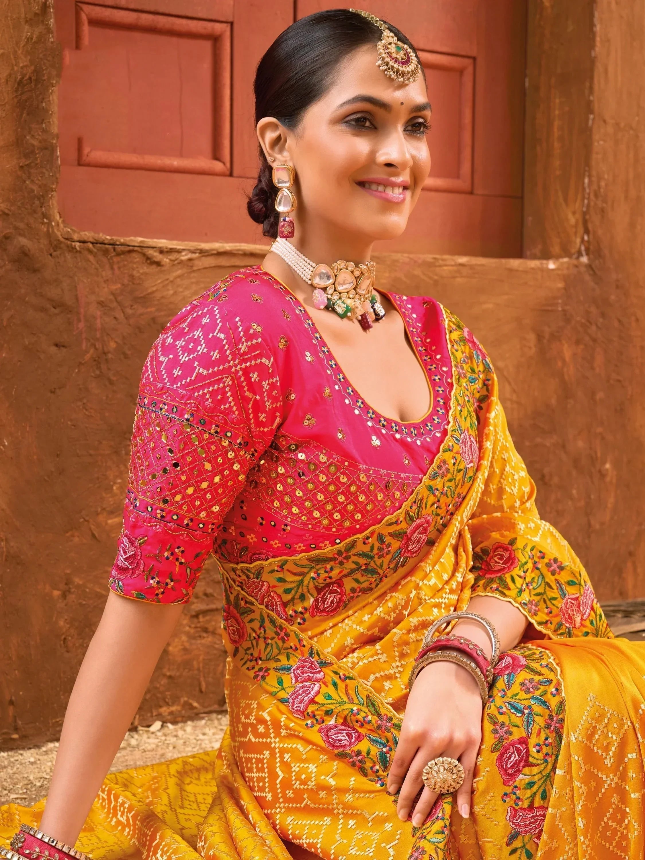 Gorgeous Mustard Yellow Mirror Work Banarasi Silk Haldi Wear Saree