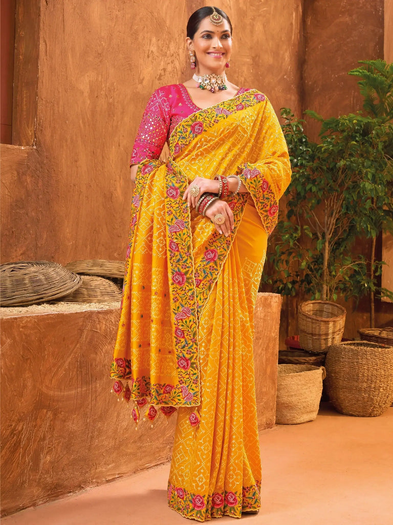 Gorgeous Mustard Yellow Mirror Work Banarasi Silk Haldi Wear Saree
