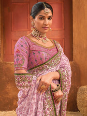 Attractive Pink Mirror Work Banarasi Silk Function Wear Saree With Blouse
