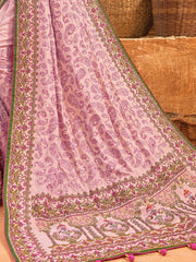 Attractive Pink Mirror Work Banarasi Silk Function Wear Saree With Blouse