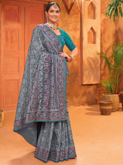 Alluring Grey Mirror Work Banarasi Silk Traditional Saree With Blouse