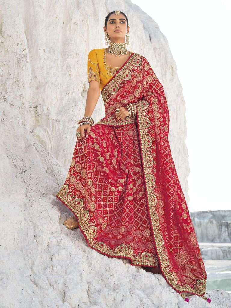 Beautiful Red Bandhani Printed Georgette Saree With Blouse