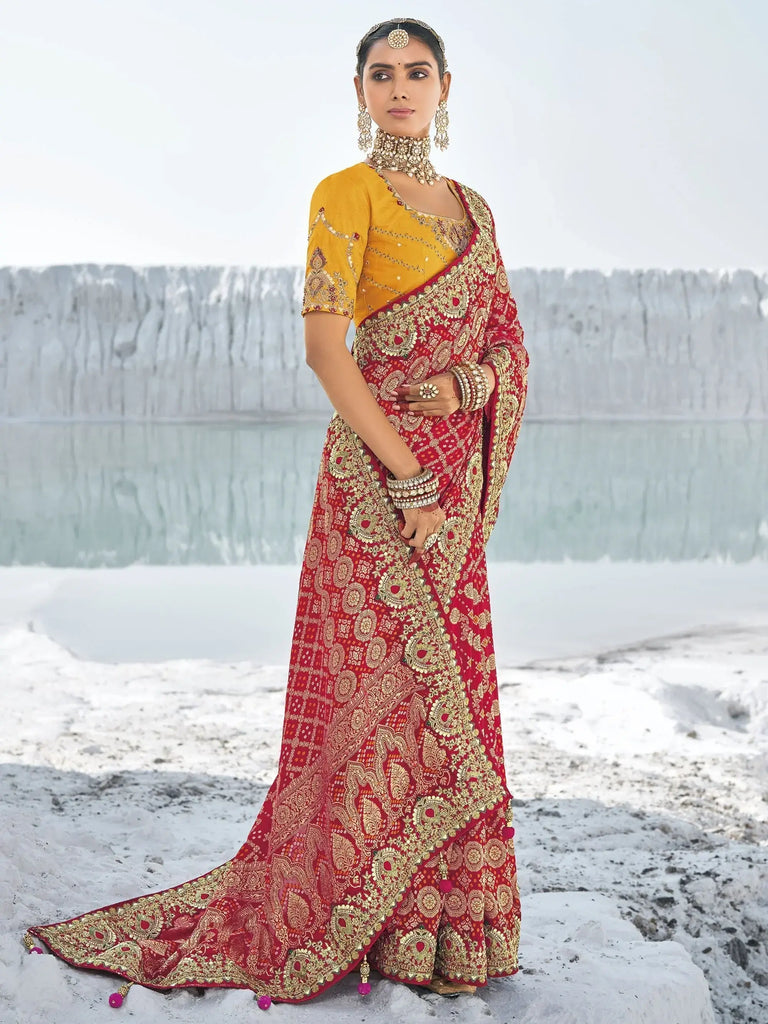Beautiful Red Bandhani Printed Georgette Saree With Blouse