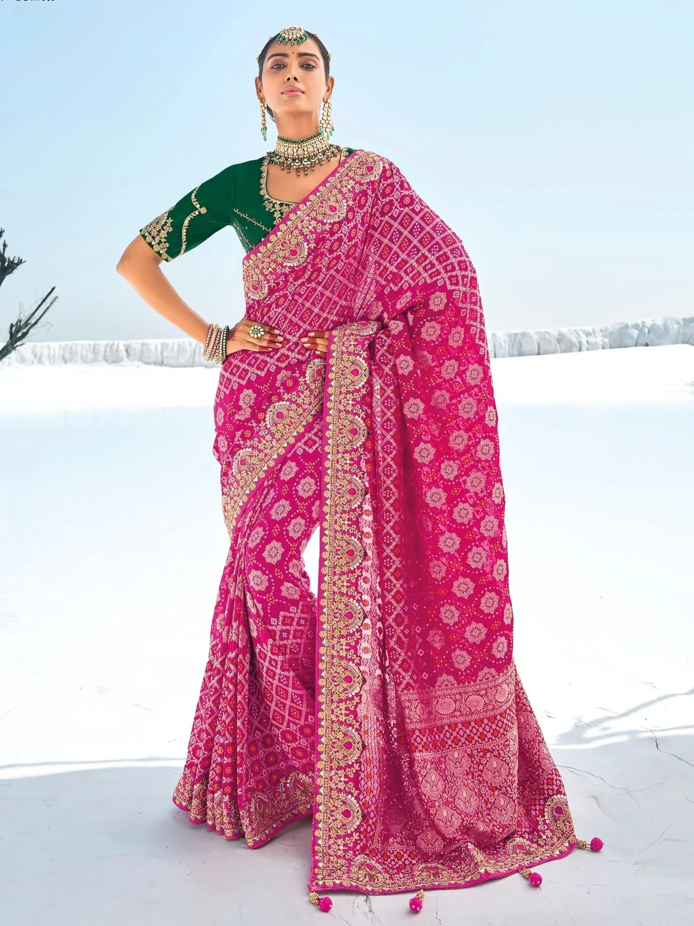 Pink embroidered saree with green blouse, traditional Indian ethnic wear for weddings and festivals