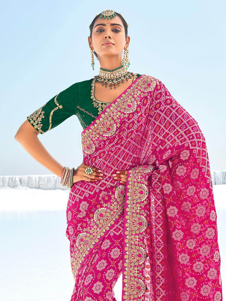 Incredible Pink Bandhani Printed Georgette Saree With Blouse