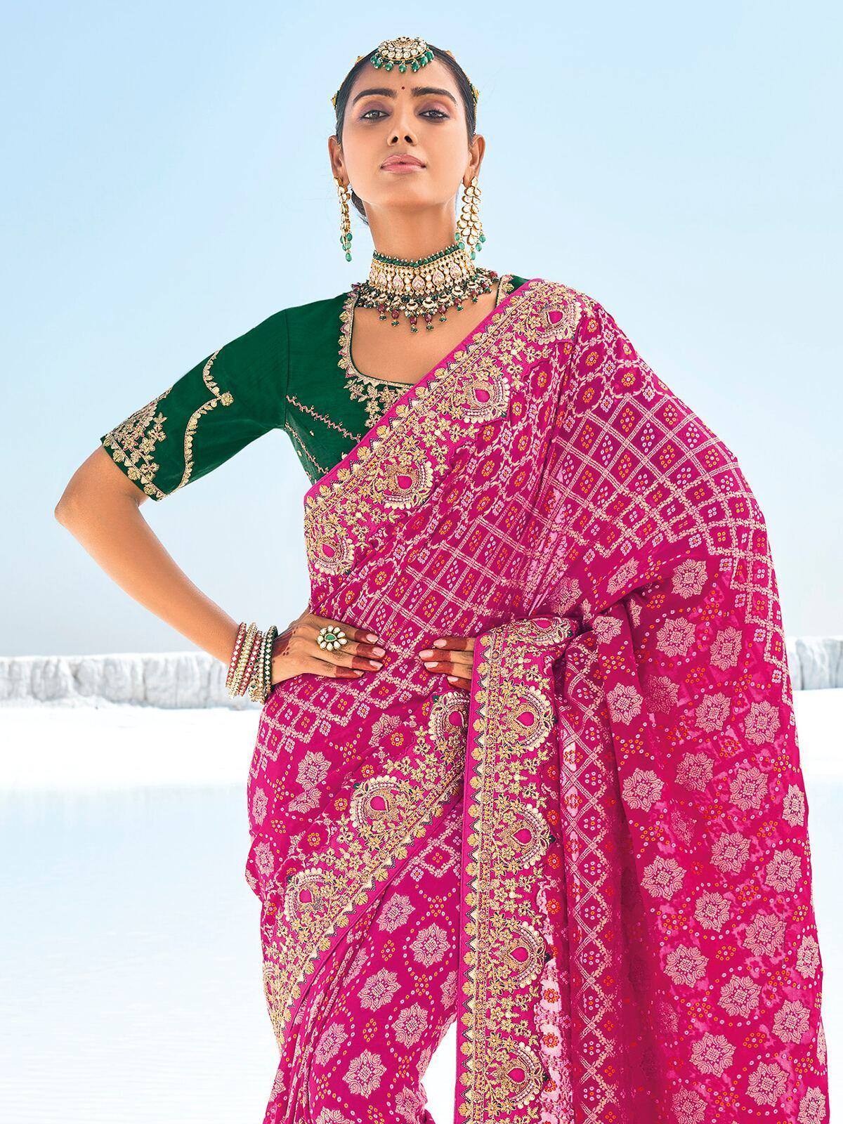 Pink embroidered saree with green blouse, traditional Indian ethnic wear for women