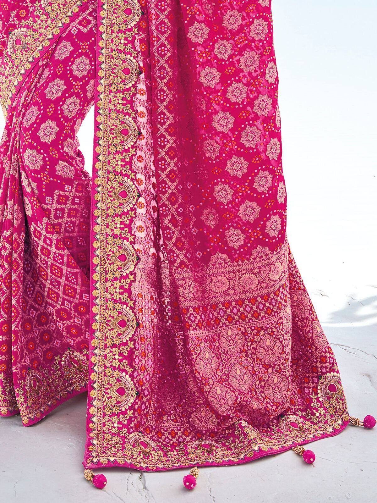 Fuchsia pink designer saree with gold embroidery and tassels, Indian ethnic wear