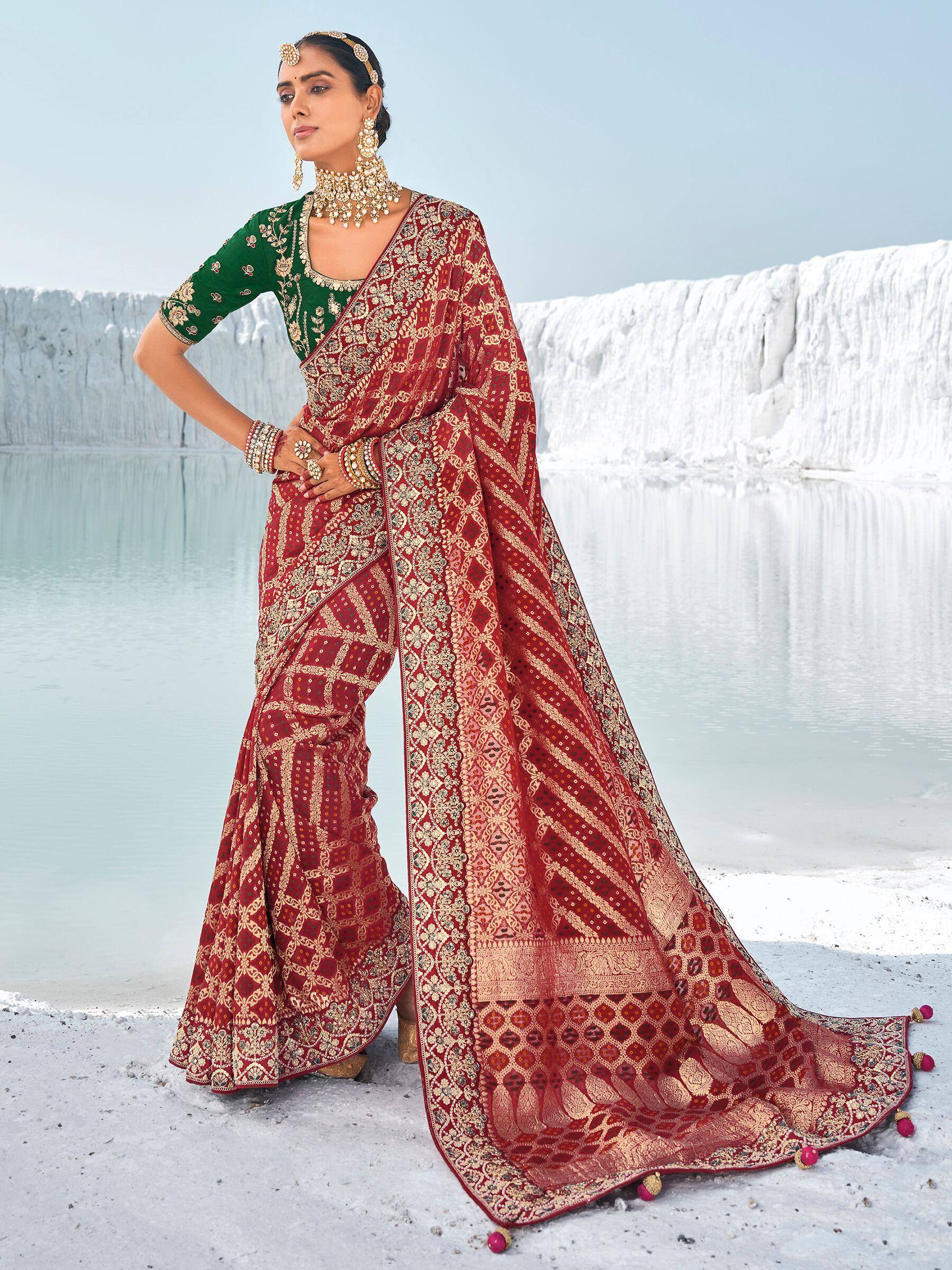 Red and gold embroidered saree with green blouse, Indian ethnic wear for weddings and festivals