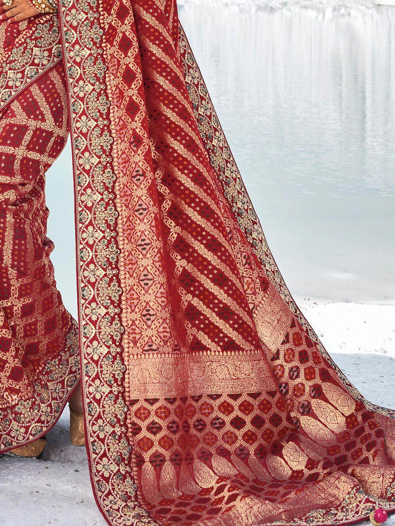 Marvelous Maroon Bandhani Printed Georgette Wedding Saree
