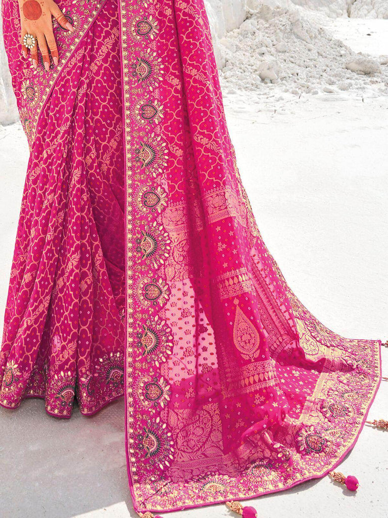 Outstanding Rani Pink Bandhani Printed Georgette Wedding Saree