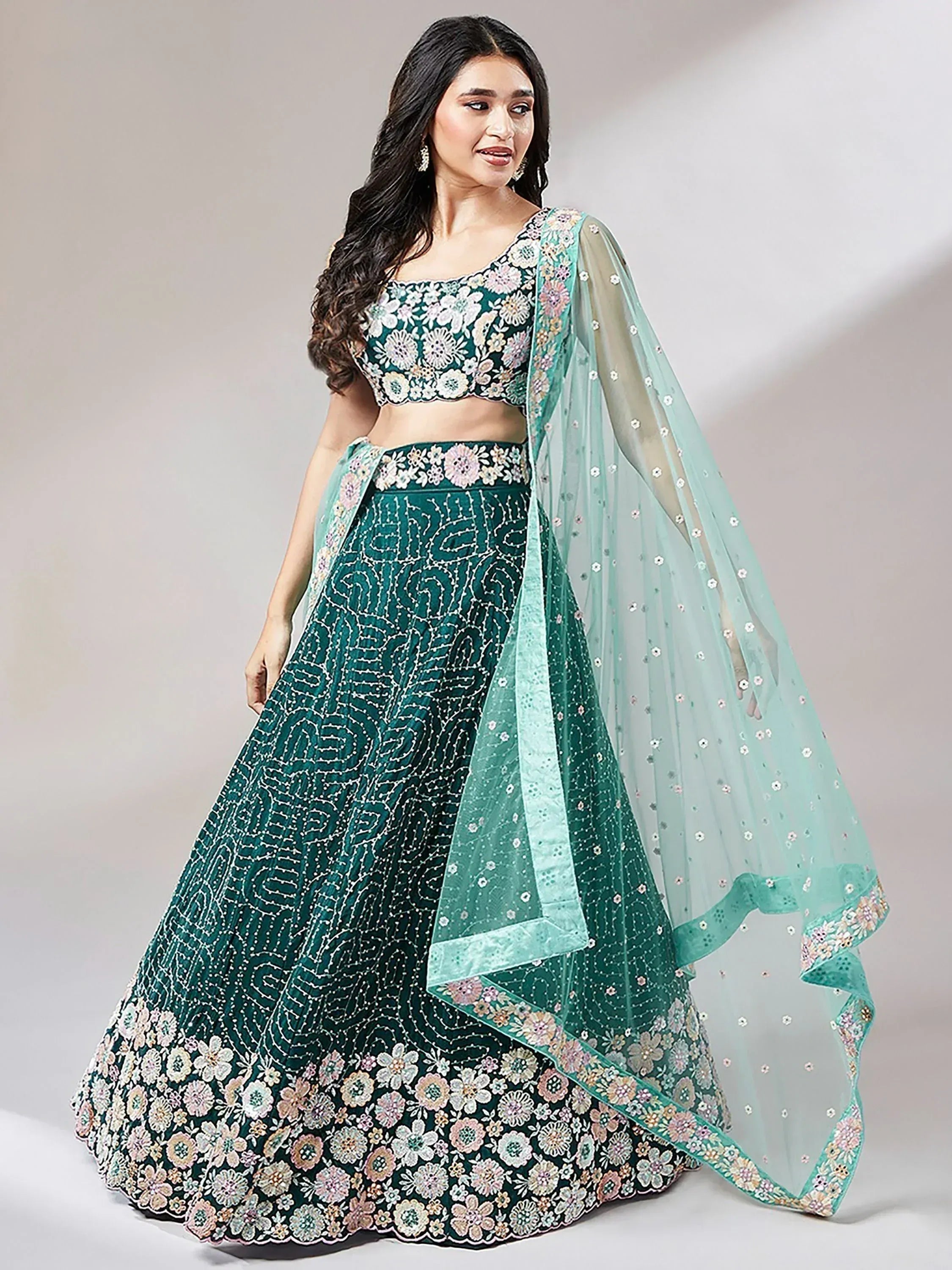 Emerald green floral embroidered lehenga choli with sheer dupatta, Indian ethnic wear
