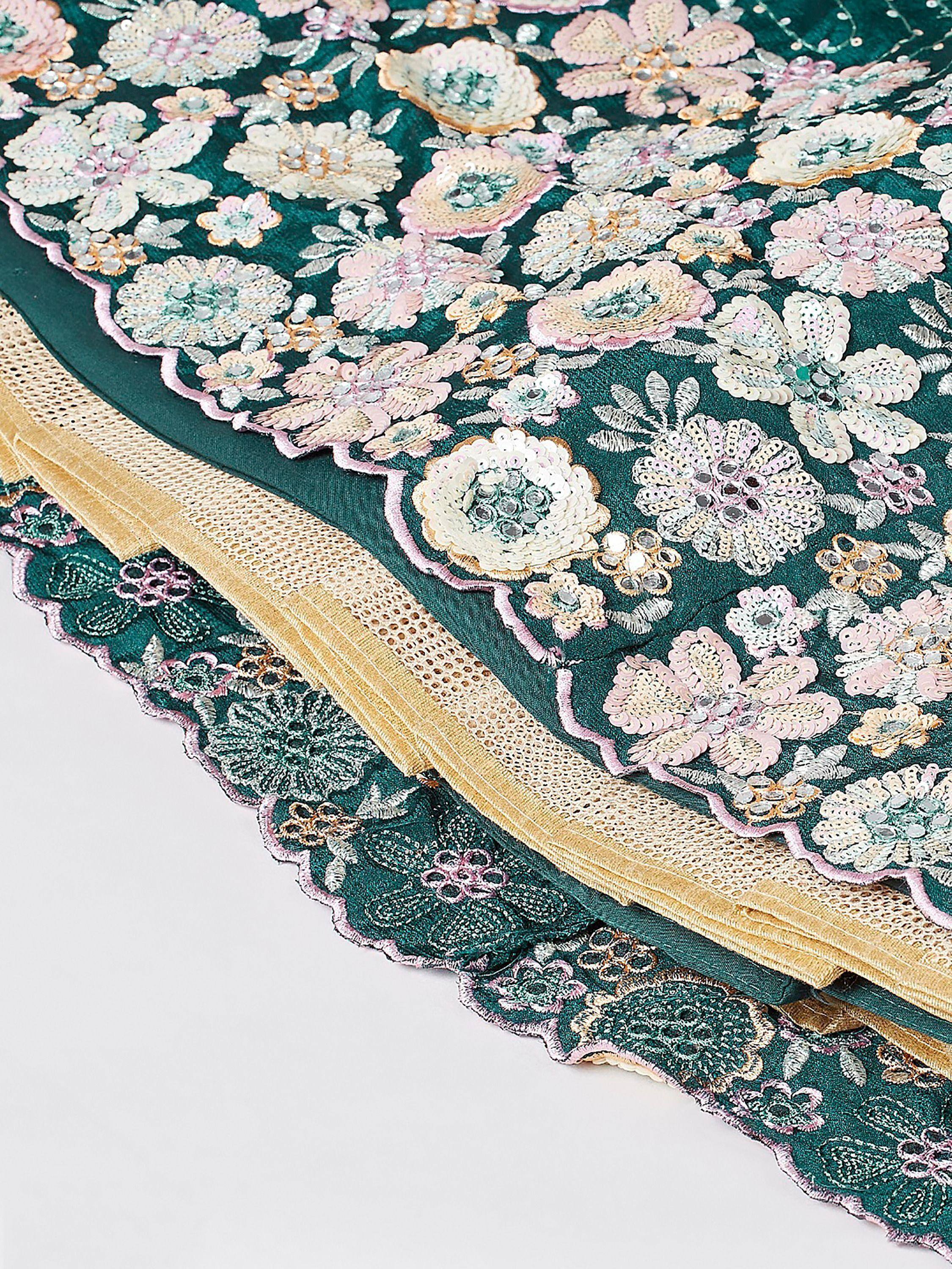 Emerald green lehenga with floral sequin embroidery and gold border, Indian ethnic wear
