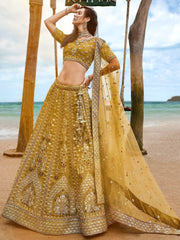 Stunning Mustard Yellow Embroidered Net Wedding Wear Lehenga Choli
