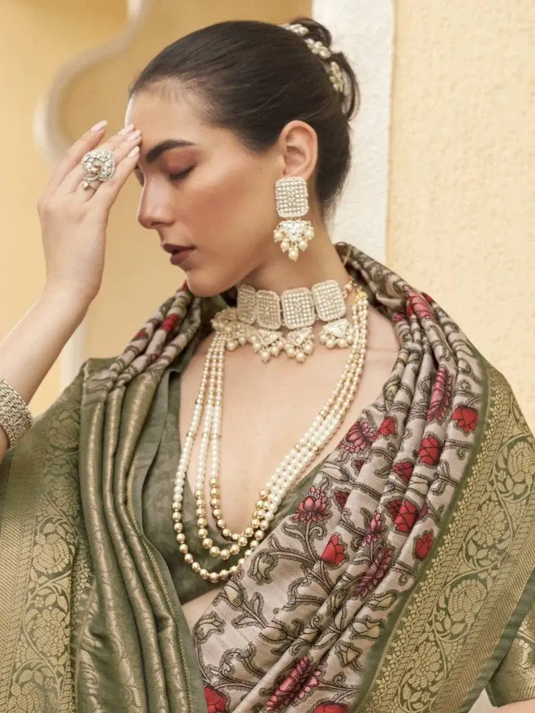 Amazing Beige & Green Floral Printed Silk Traditional Saree With Blouse
