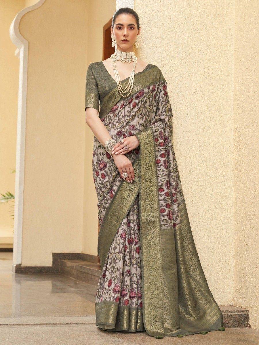 Elegant floral print saree with olive green border, perfect for Indian ethnic occasions