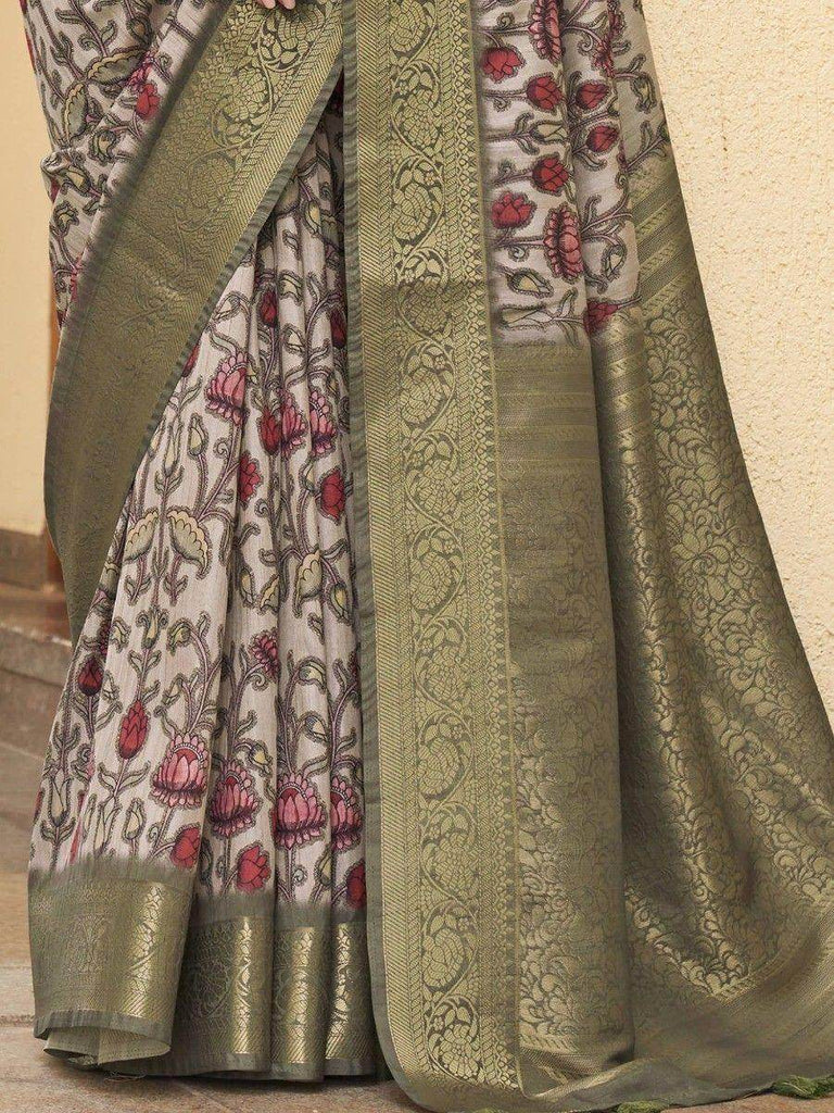 Amazing Beige & Green Floral Printed Silk Traditional Saree With Blouse