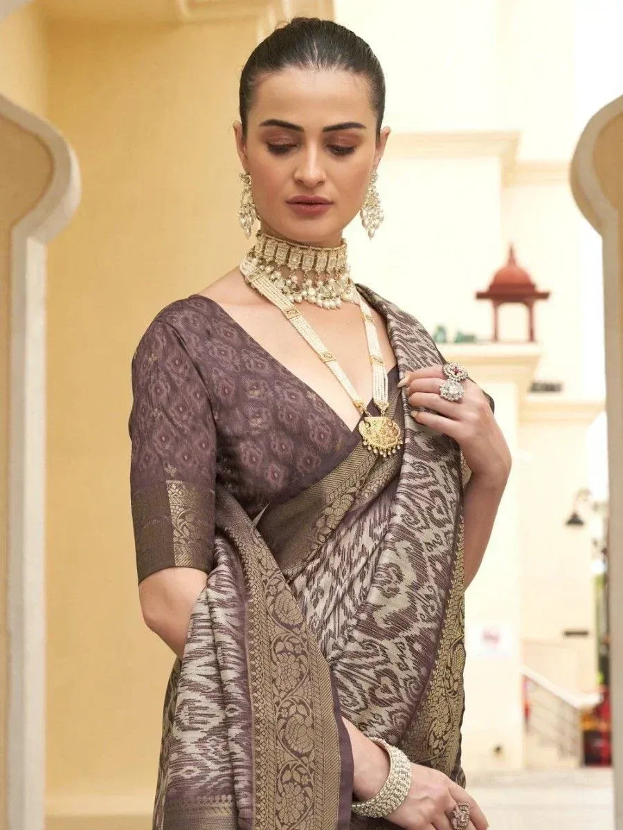 Elegant brown designer saree with gold embroidery, paired with traditional jewelry for Indian ethnic wear