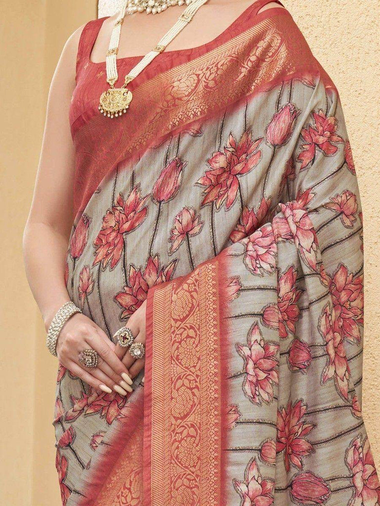 Marvelous Grey & Peach Floral Printed Silk Event Wear Saree