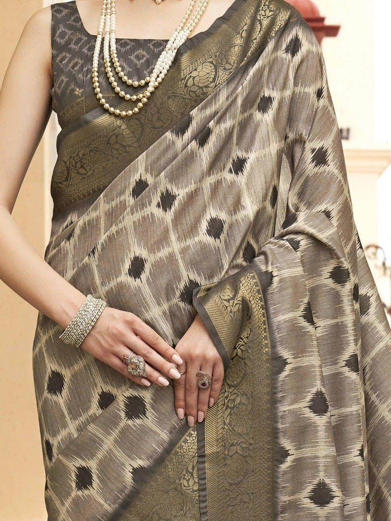 Charming Grey & Sage Green Digital Printed Silk Saree With Blouse