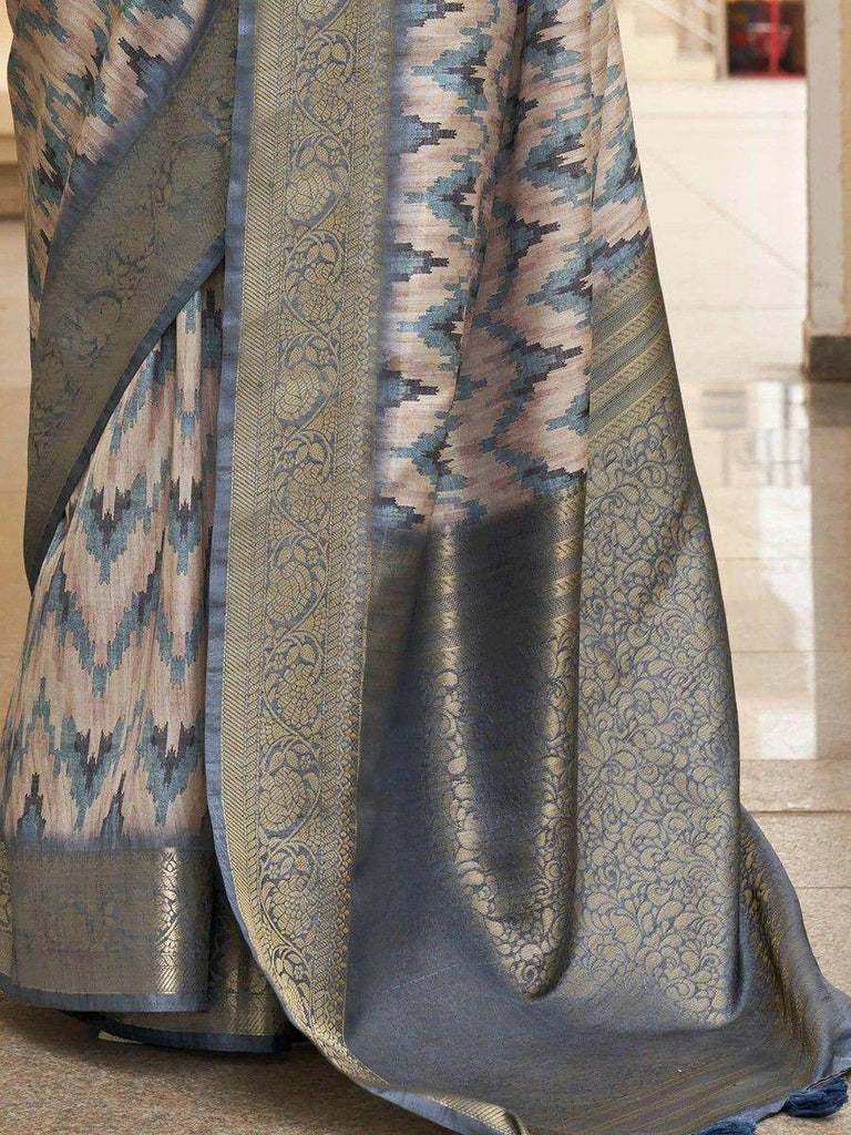 Adorable Dusty Blue Digital Printed Silk Wedding Wear Saree