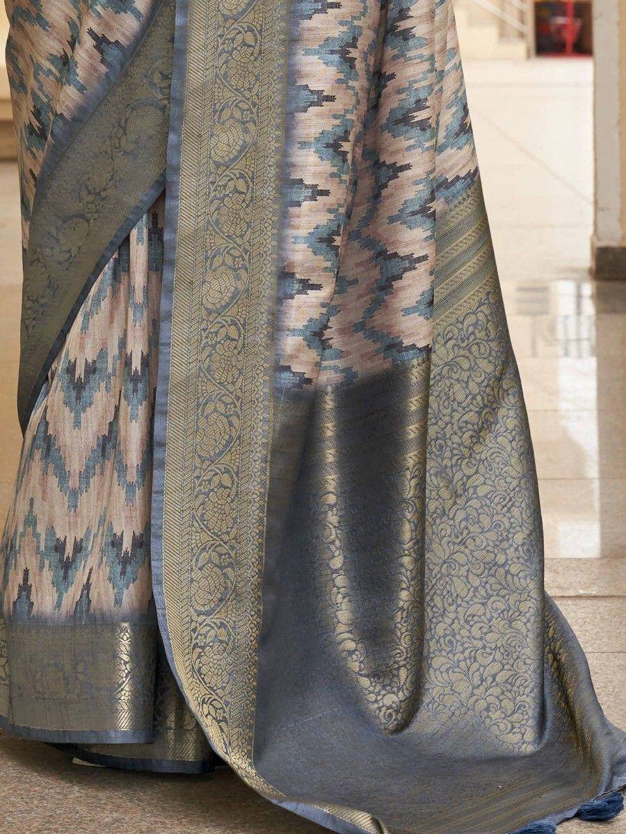 Blue and beige ikat saree with intricate gold border, ethnic Indian wear