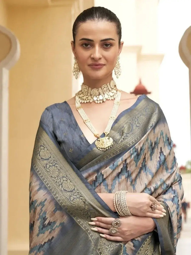 Adorable Dusty Blue Digital Printed Silk Wedding Wear Saree