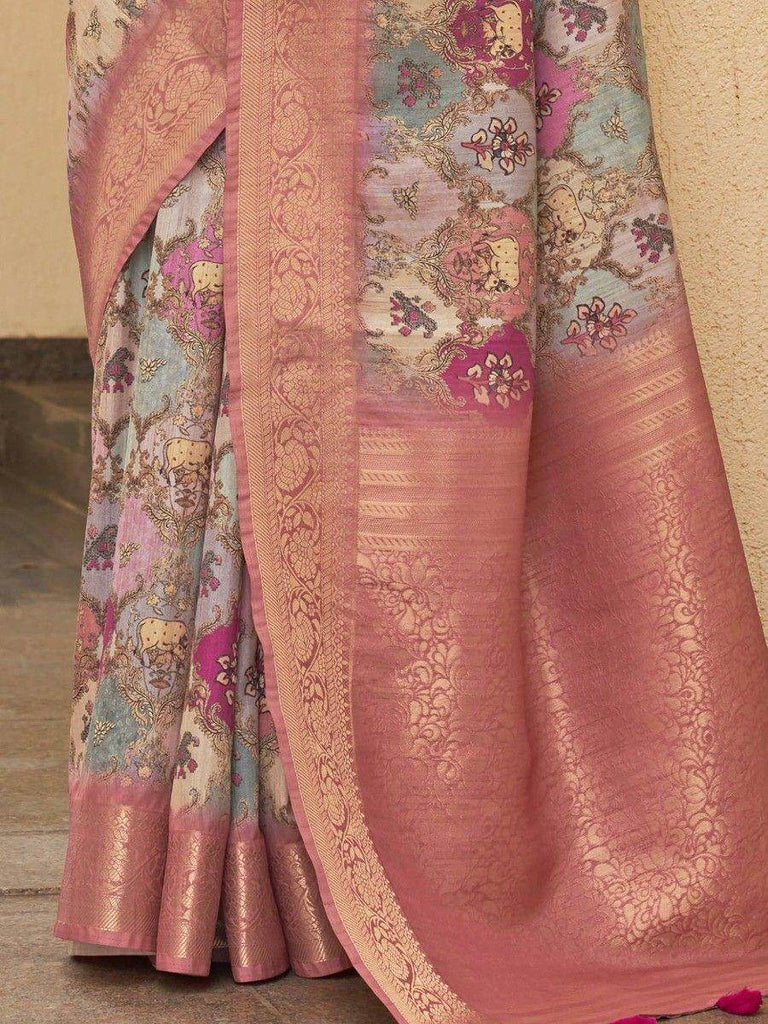 Outstanding Dusty Pink Floral Printed Silk Festival Wear Saree