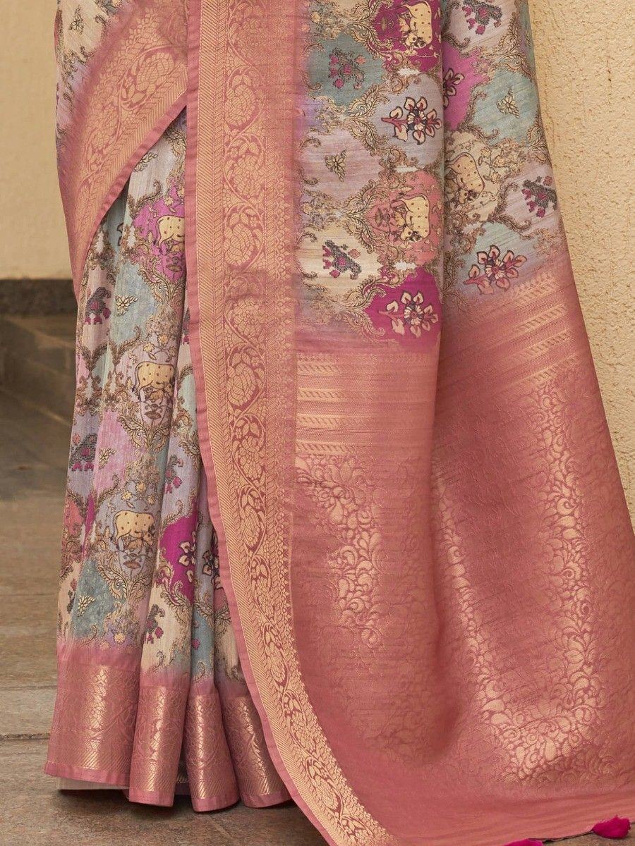 Outstanding Dusty Pink Floral Printed Silk Festival Wear Saree