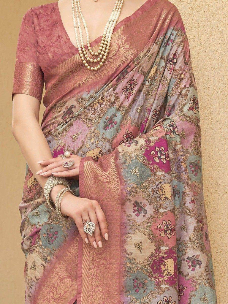 Outstanding Dusty Pink Floral Printed Silk Festival Wear Saree