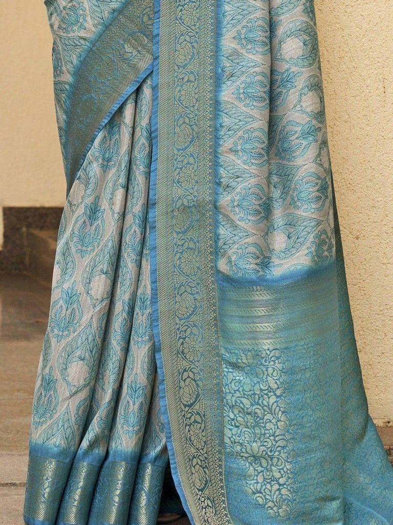 Memorable Sky-Blue Digital Printed Silk Function Wear Saree With Blouse