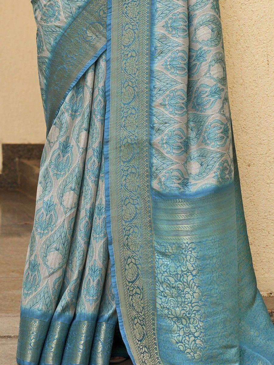 Blue and silver floral printed saree with intricate border, ideal for Indian ethnic wear occasions