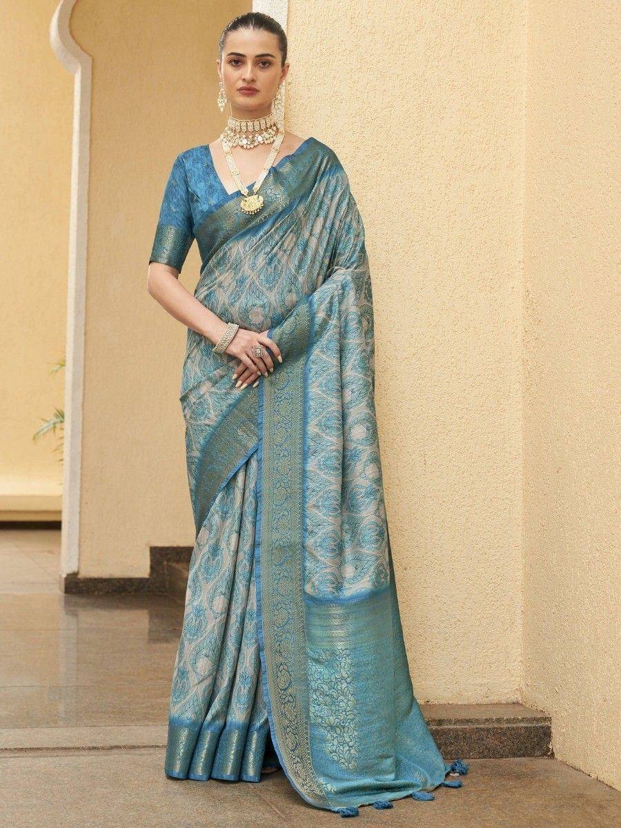 Blue designer saree with intricate gold patterns, perfect for Indian ethnic wear occasions