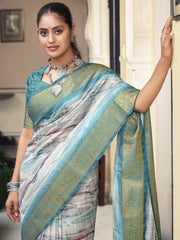 Adorable White Digital Printed Silk Festival Wear Saree With Blouse