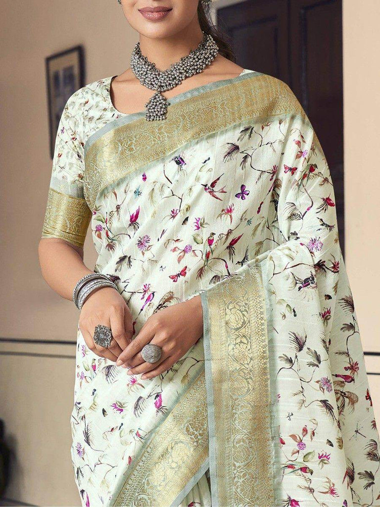 Tantalizing Off-White Digital Printed Silk Traditional Saree With Blouse