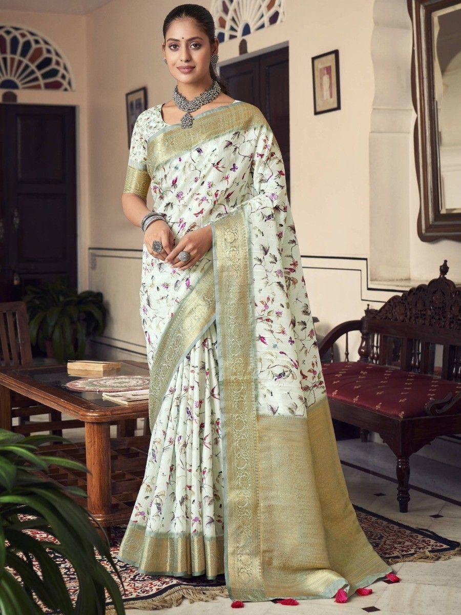 Elegant floral print saree with golden border, perfect for Indian ethnic occasions and festive wear