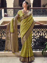 Glamorous Olive Green Digital Printed Silk Traditional Saree With Blouse